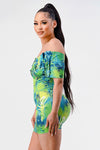 Neon garden off shoulder fitted mini dress