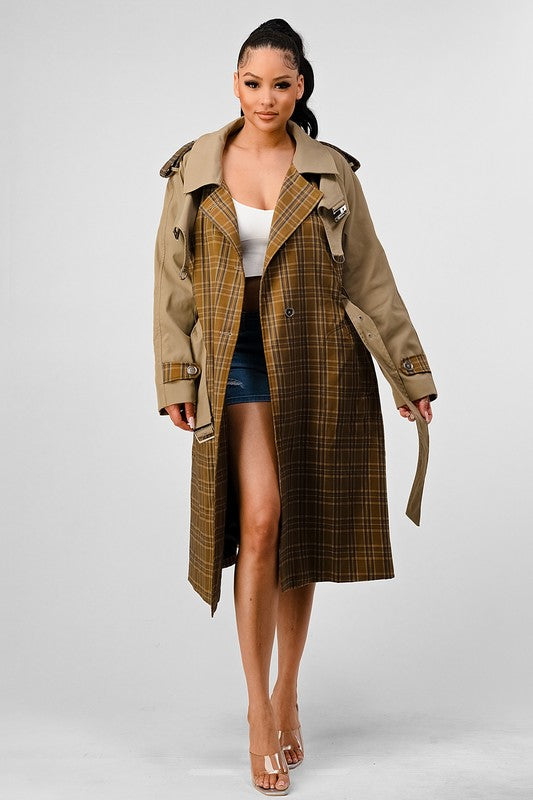 ATHINA PLAID AND KHAKI CONTRAST TRENCH COAT