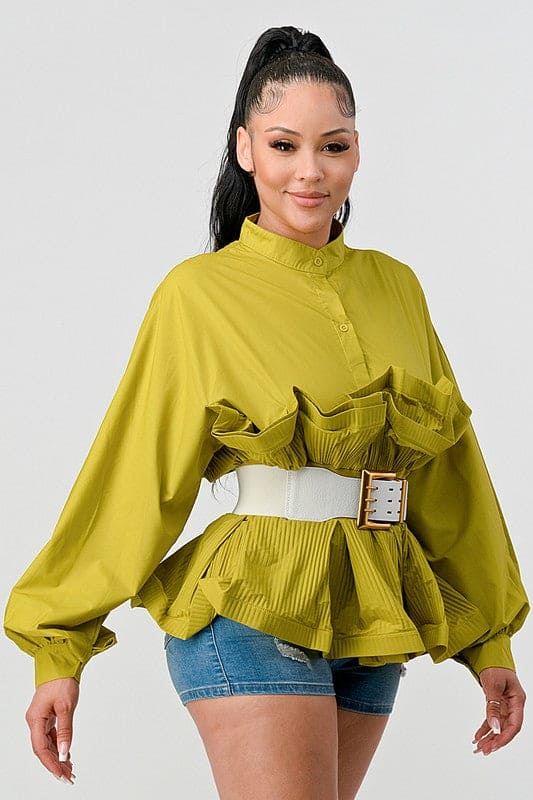 ATHINA PLEATED RUFFLE WASIT BELT LONG  BLOUSE