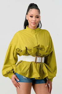 ATHINA PLEATED RUFFLE WASIT BELT LONG  BLOUSE