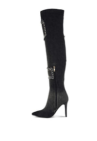 Eilish Rhinestones Knee High Denim Boots