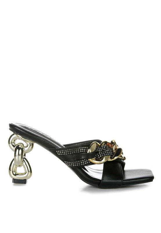 Evelane Metallic Chain Heeled Diamante Sandals