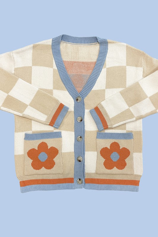 Retro flower checkered cardigan