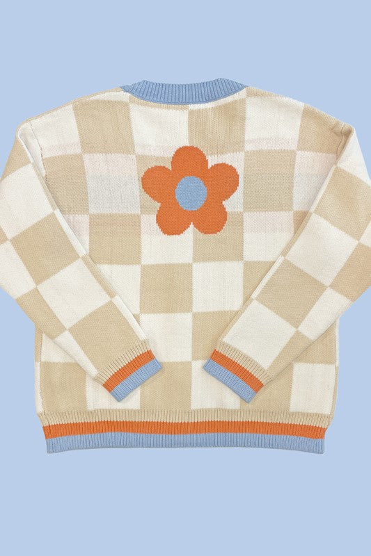 Retro flower checkered cardigan