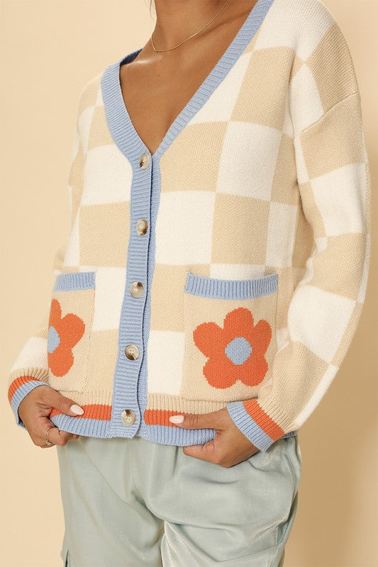 Retro flower checkered cardigan