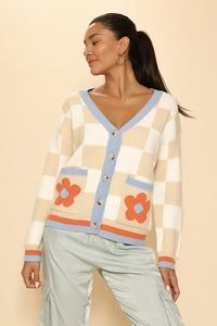 Retro flower checkered cardigan