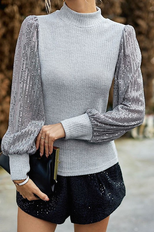 Ribbed mock neck top with sequin sleeves