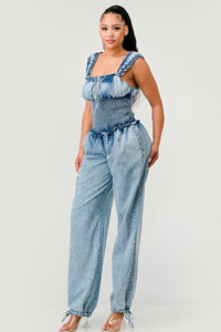 Chambray Charm Ruffled Jumpsuit