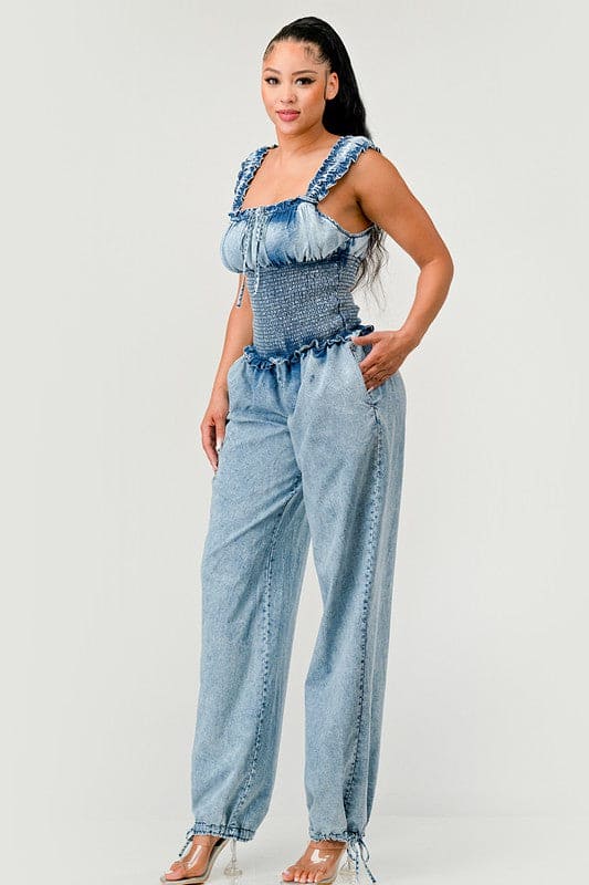 Chambray Charm Ruffled Jumpsuit