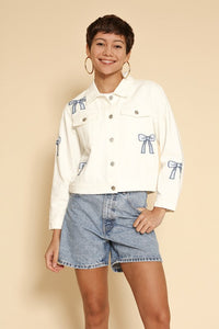 Embroidered bow denim jacket