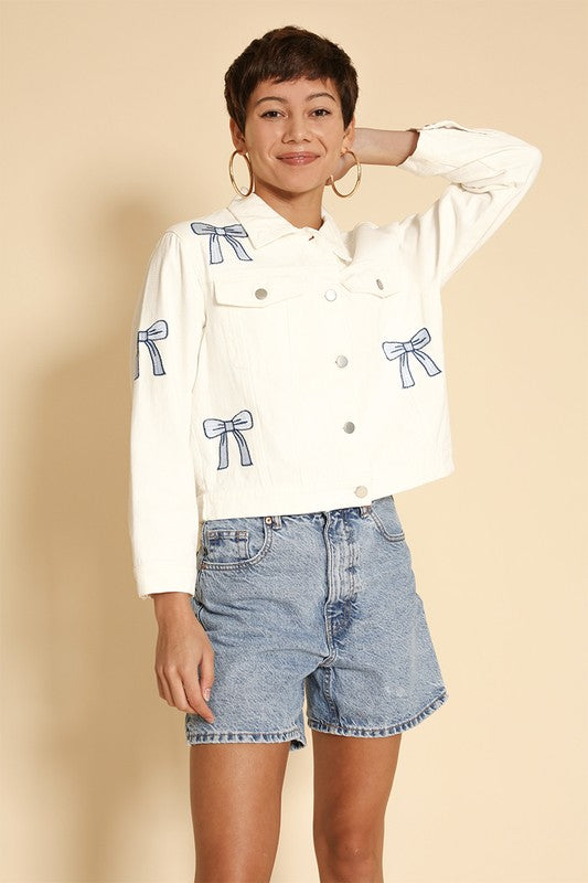 Embroidered bow denim jacket