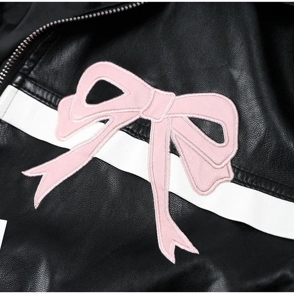 Faux leather bow biker jacket