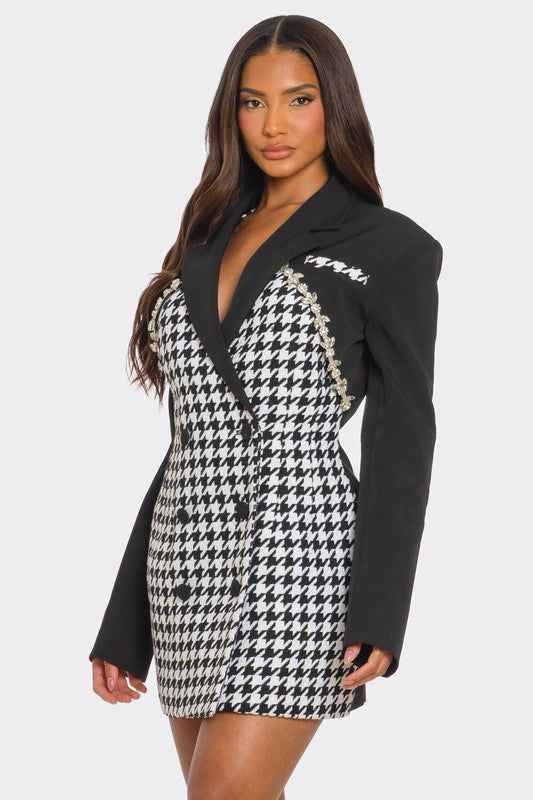 Monochrome Glam Houndstooth Blazer Dress