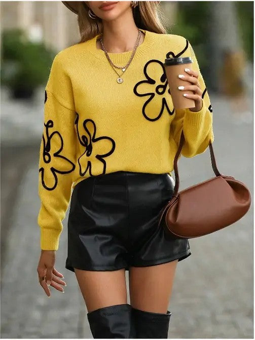 Floral Pattern Knit Sweater