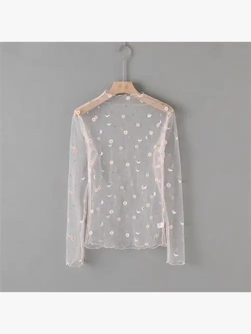 Mesh flower pattern long sleeve top