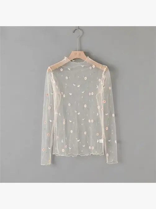 Mesh flower pattern long sleeve top