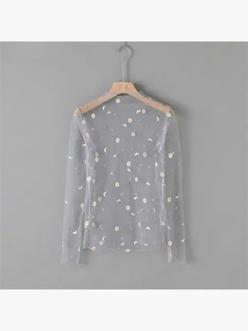 Mesh flower pattern long sleeve top