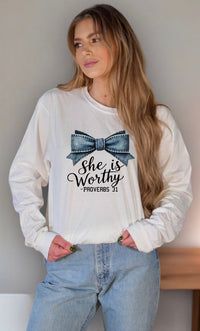 Blue Bow She Is Proverbs 31 Graphic Tee Shirt