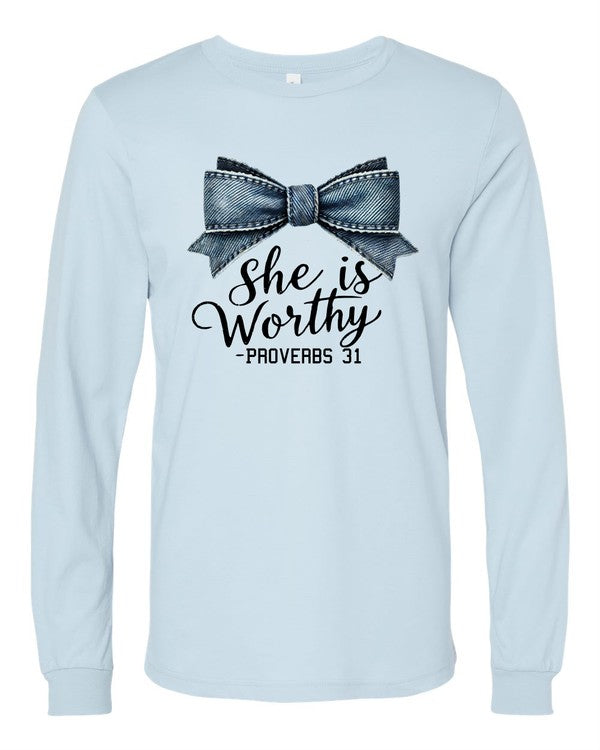 Blue Bow She Is Proverbs 31 Graphic Tee Shirt