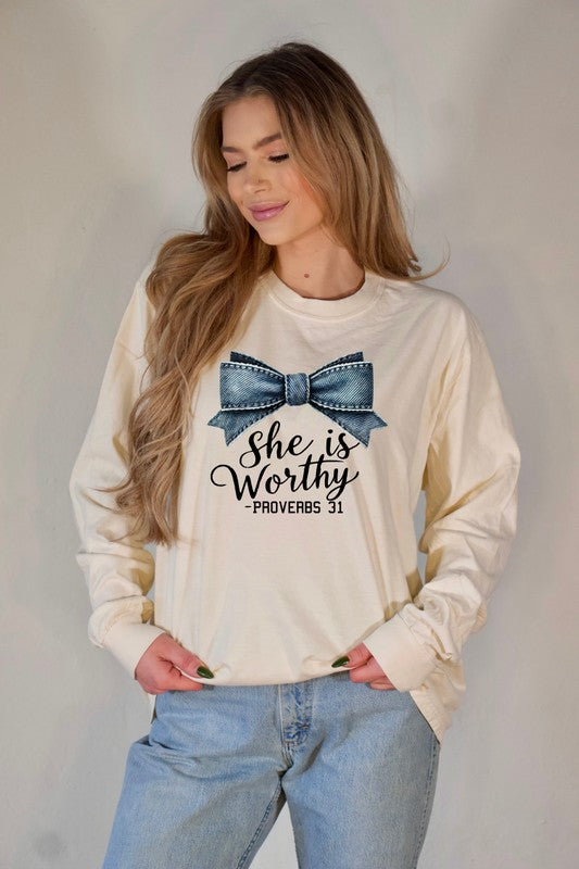 Blue Bow She Is Proverbs 31 Graphic Tee Shirt