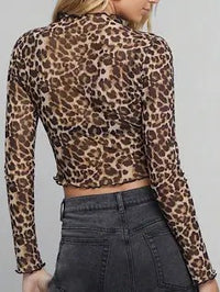 Cropped mesh leopard long sleeve top