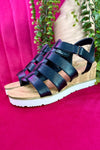 Black Hollowed PU Leather Straps Wedge Sandals