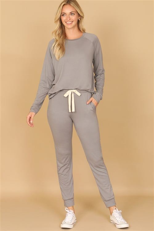 SOLID LONG SLEEVE TOP AND JOGGERS SET WITH SELF TIE