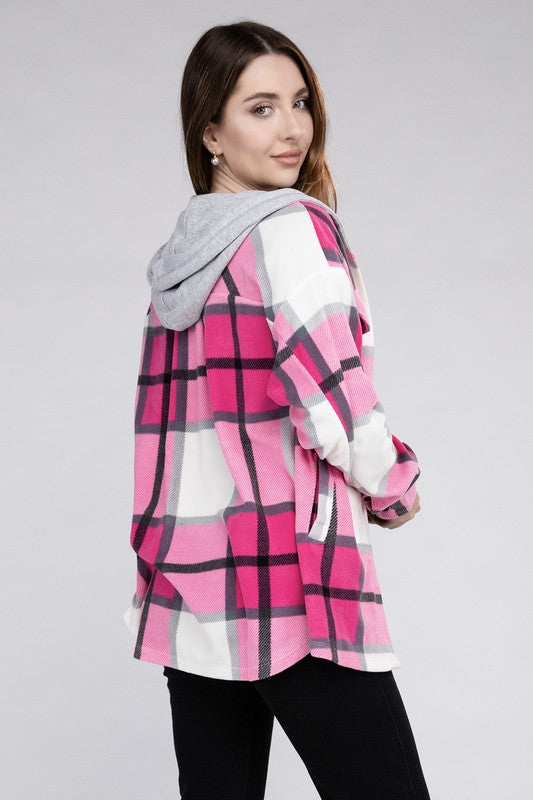 Plaid Drawstring Hooded Fleece Shacket