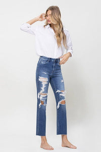 Distressed High Rise Ankle Relaxed Straight Jeans