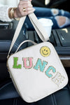 Wholesale White LUNCH Chenille Embroidered Square Shoulder Bag