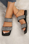 Black Double Rhinestone Straps Square Toe Slippers