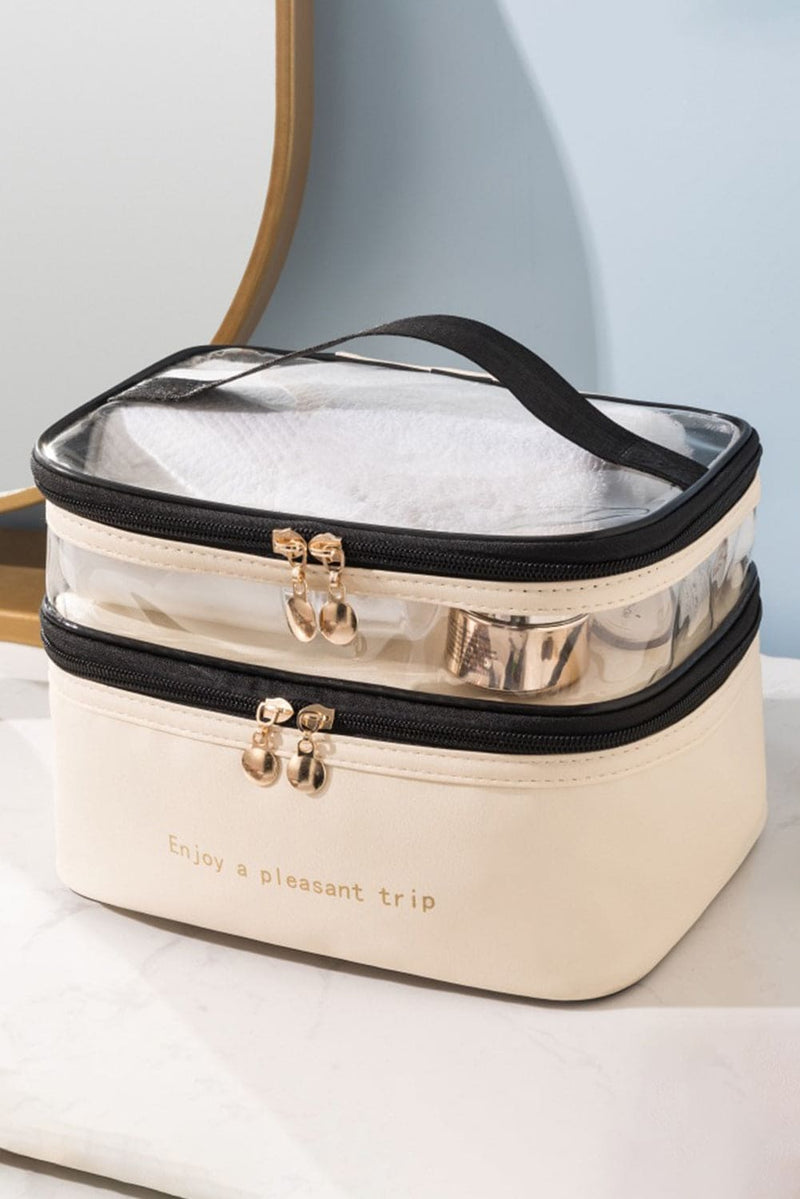 Beige Waterproof PVC Double Layer Cosmetic Bag