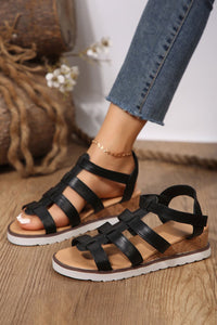 Black Hollowed PU Leather Straps Wedge Sandals