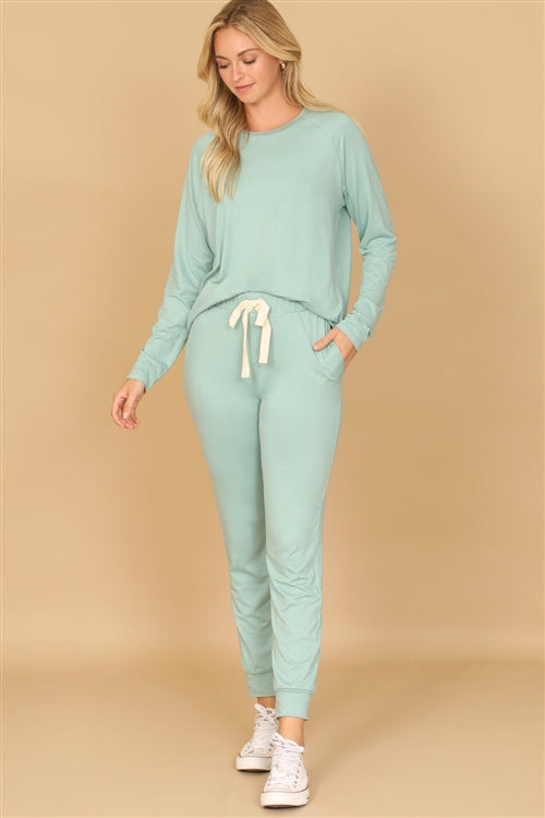 SOLID LONG SLEEVE TOP AND JOGGERS SET WITH SELF TIE