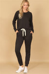 SOLID LONG SLEEVE TOP AND JOGGERS SET WITH SELF TIE