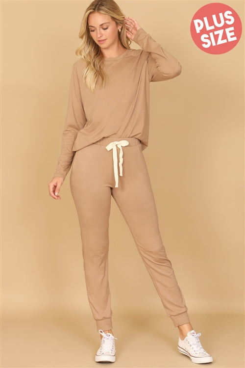 SOLID LONG SLEEVE TOP AND JOGGERS SET WITH SELF TIE