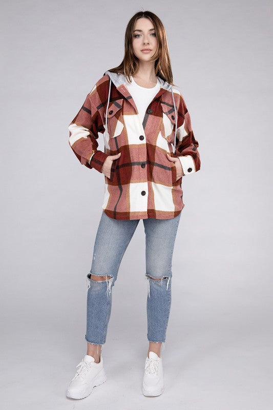 Plaid Drawstring Hooded Fleece Shacket