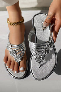 Gold Casual Rhinestone Flower Strappy Flip Flops